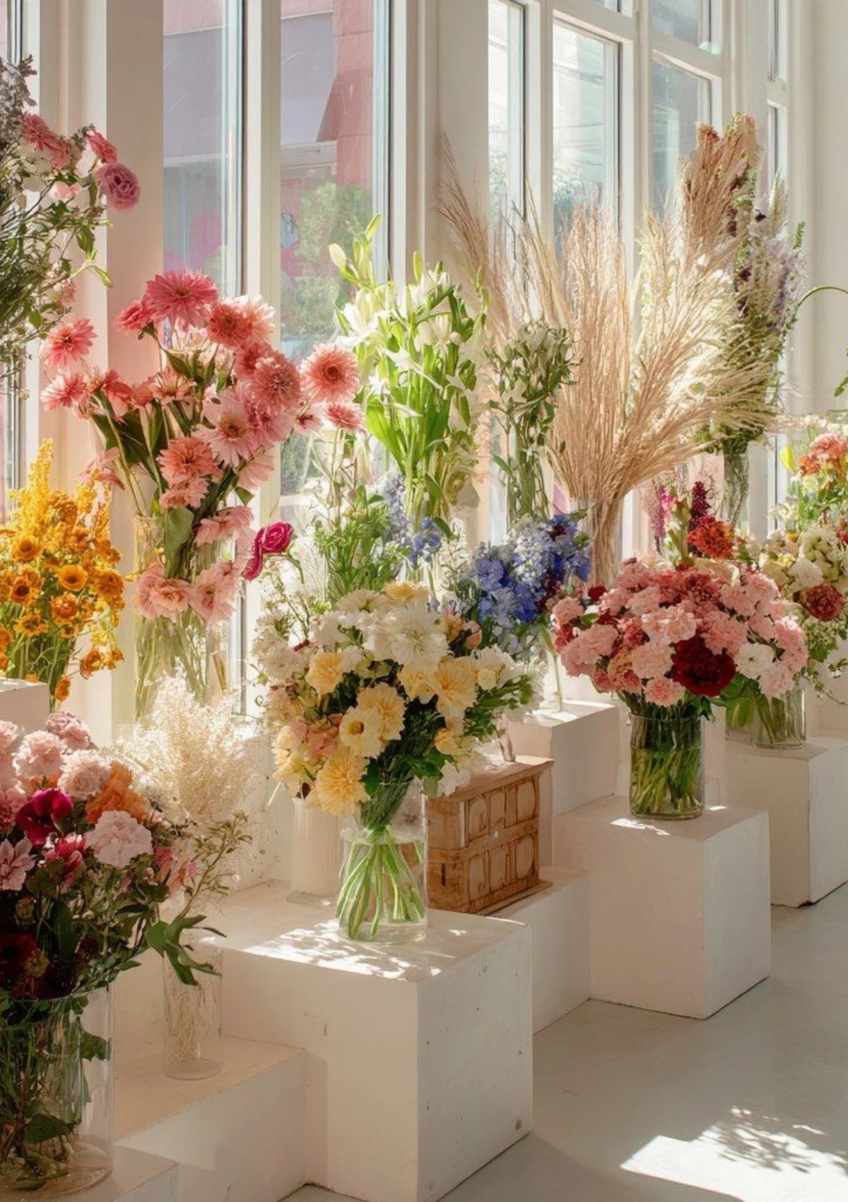 Bright sunlit window display with multiple glass vases of colorful fresh flowers including pink gerberas, pampas grass, and wildflowers arranged on white pedestals