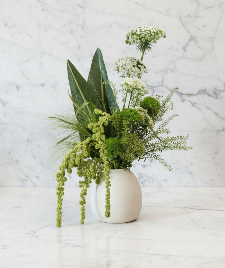 White ceramic vase with green plants including tall leaves, white and green flowers, and trailing greenery on a marble surface