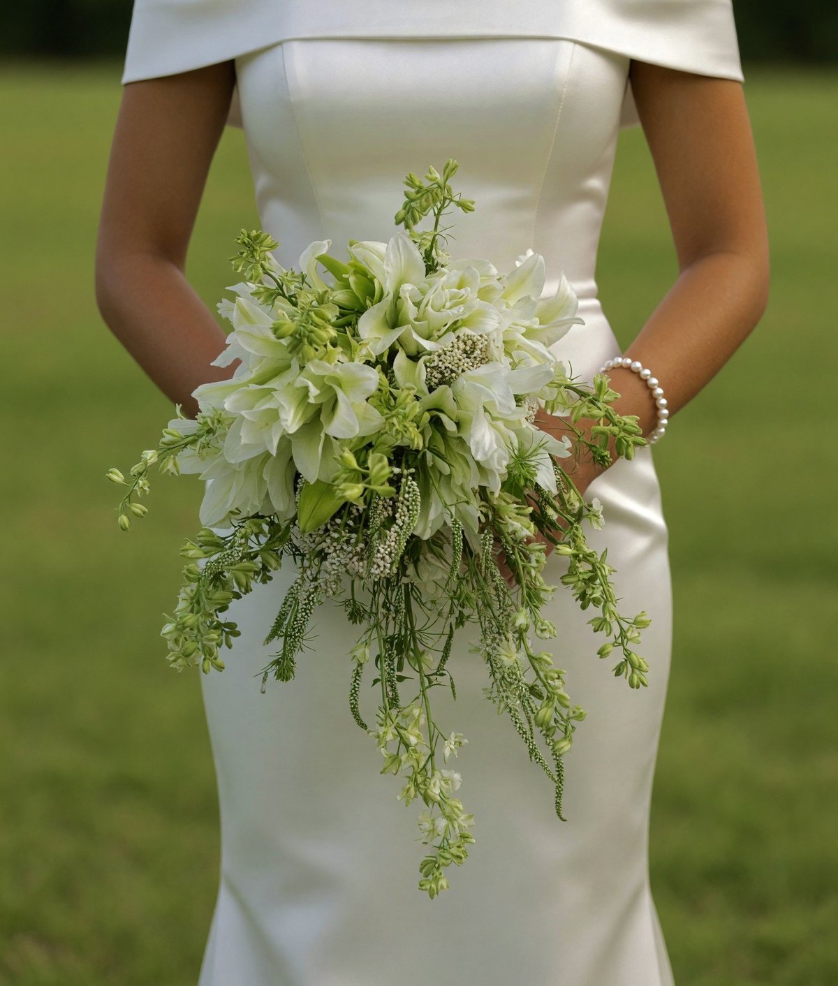 Bride in white wedding dress holding cascading bridal bouquet with white flowers and green foliage